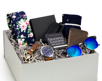 Graduation Gift Box Complete Gift For Him, Fraternity Gift Box, Men's Watch,Blue  Sunglasses, Blue Skinny Tie, Tie Clip, Leather Wallet