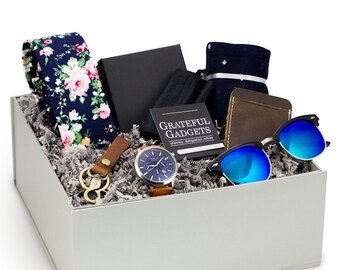 Men's Gift Box, Complete Men's Gift Set, Blue Watch, Sunglasses, Floral Skinny Tie, Sliver Tie Clip, Leather Wallet, Luxury Gift Box