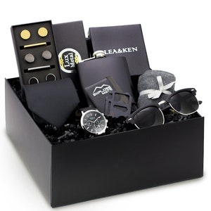 Gift Box For Him, Complete Gift Set For Him, Men's Watch, Sunglasses, Flask, Tie, Cufflinks, Tie Clip, Bottle Opener, Groomsmen Proposal Box image 1