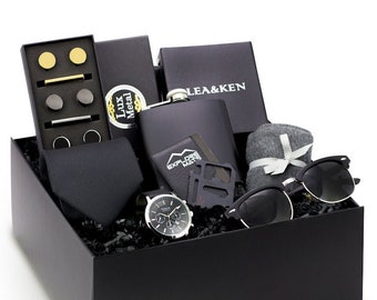 Graduation Gift Box Complete Gift For Him, Fraternity Gift Box, Men's Watch, Sunglasses, Flask, Tie, Cufflinks, Tie Clip, Bottle Opener