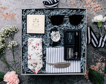 Men's Gift Box, Complete Men's Gift Set, Beard Kit, Pocket Comb, Shave Kit, Soap, Pink Floral Tie, Sunglasses, Luxury Watch, Gift Box Set