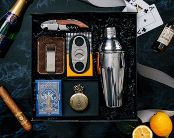 Men's Gift Box, Complete Men's Gift Set, Cocktail Kit Set, Bottle Opener, Playing Cards, Cigar Cutter, Pocket Watch, Leather Wallet