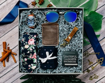 Thank You Gift Box For Men, Thank You Gift For Coworkers, Gift for Boss, Gift for men, Men's Sunglasses, Watch, Leather Wallet, Floral Tie