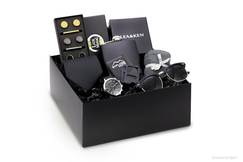 Gift Box For Him, Complete Gift Set For Him, Men's Watch, Sunglasses, Flask, Tie, Cufflinks, Tie Clip, Bottle Opener, Groomsmen Proposal Box image 1