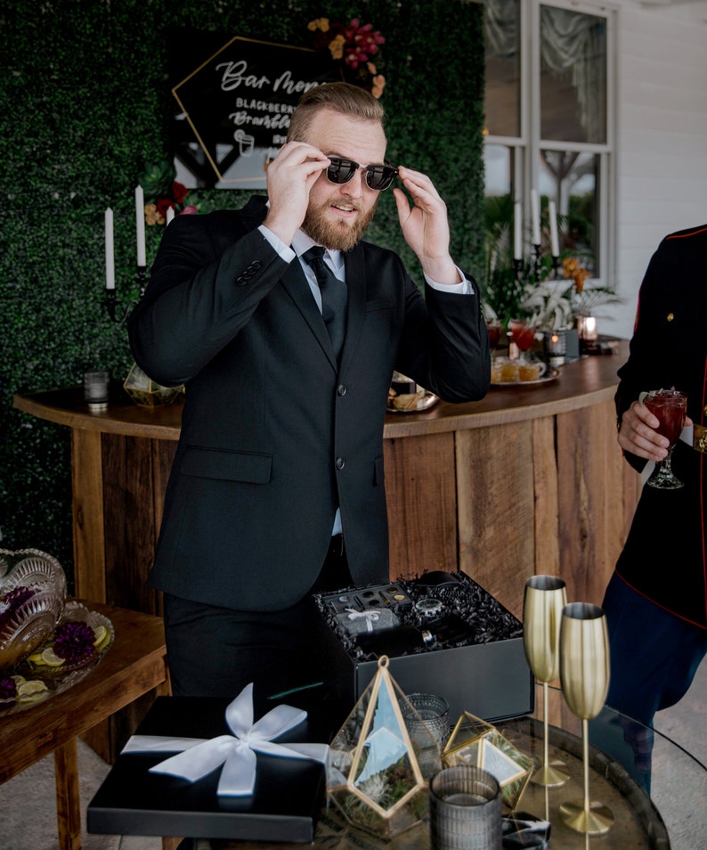 Groomsmen Gift Box, Complete Groomsman Gift Set, Men's Sunglasses, Black Flask, Bottle Opener, Personalized Message, Luxury Gift Box image 7