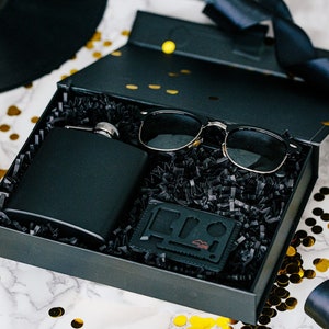 Groomsmen Gift Box, Complete Groomsman Gift Set, Men's Sunglasses, Black Flask, Bottle Opener, Personalized Message, Luxury Gift Box image 3