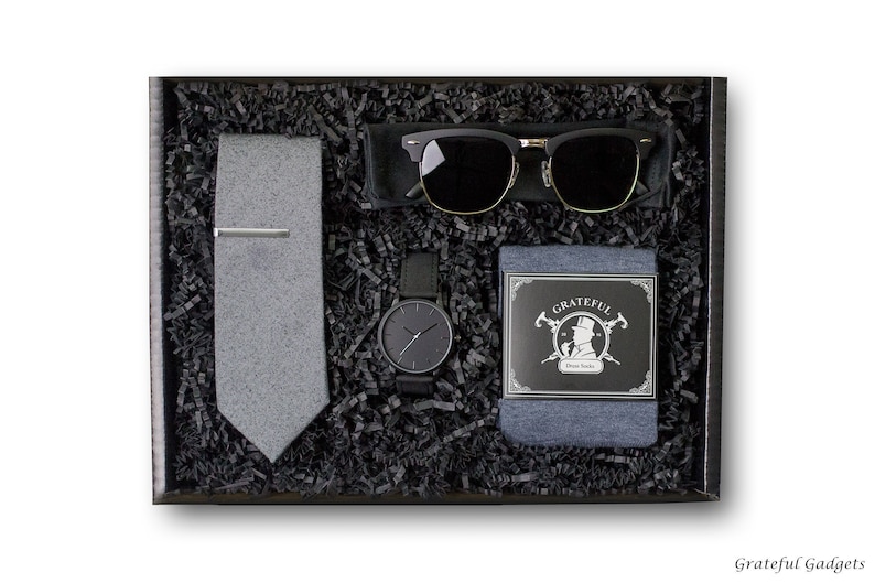 Gray Tie Gift Box Set, Complete Gift Set For Him, Men's Gift Box, Grey Tie Set, Men's Watch, Sunglasses, Gray Dress Socks, Tie Clip, Necktie image 1