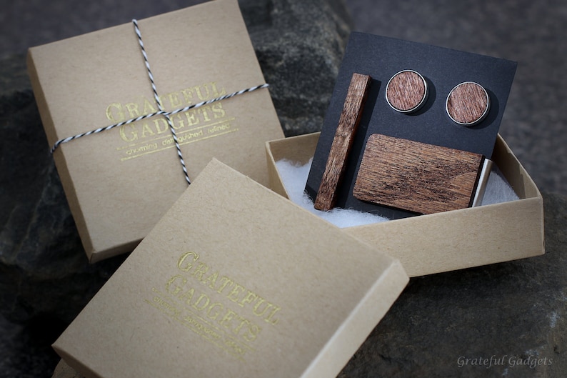 Best Man 5th Wedding Anniversary Present Groomsmen Cuff Links Hickory Smoked Wood Tie Clip Money Clip