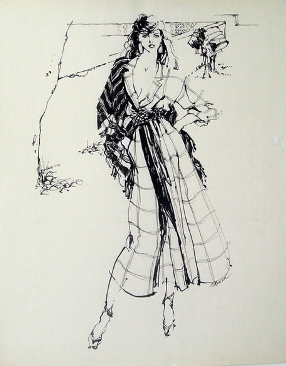 Vintage Fashion Illustration Original Ink Drawing Fashion Art Pen And Ink Drawing Fashion Design 14 X 17 Calvin Klein Greek Islands