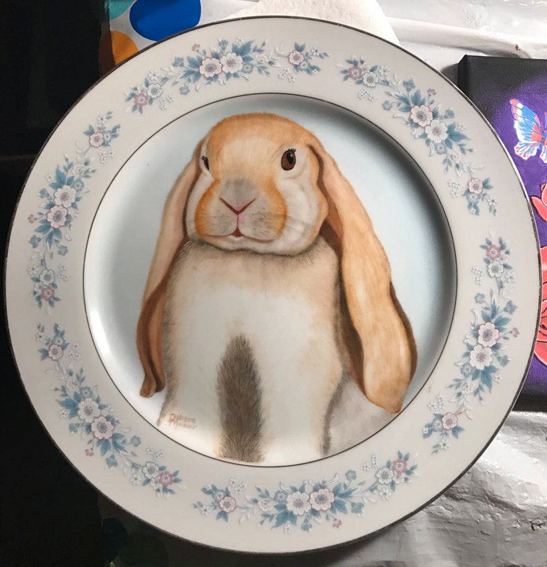 Hand painted Cute floppy earred tan bunny plate image 1