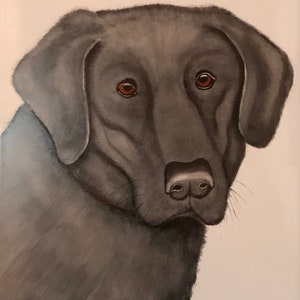 Handpainted tile with a black Labrador Retriever. Tile is 9 x12 inches. Can be framed and hung on the wall or glued on the wall.