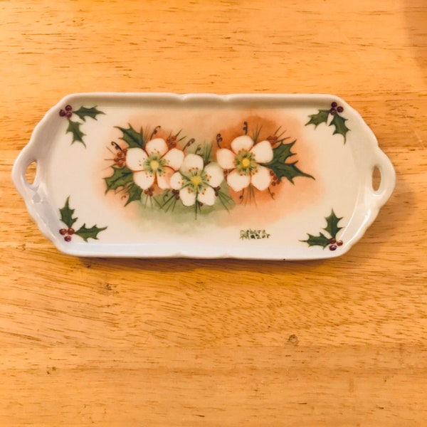 Wild rose and holly decorative tray handpainted