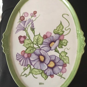 Handpainted Purple morning glories on a platter