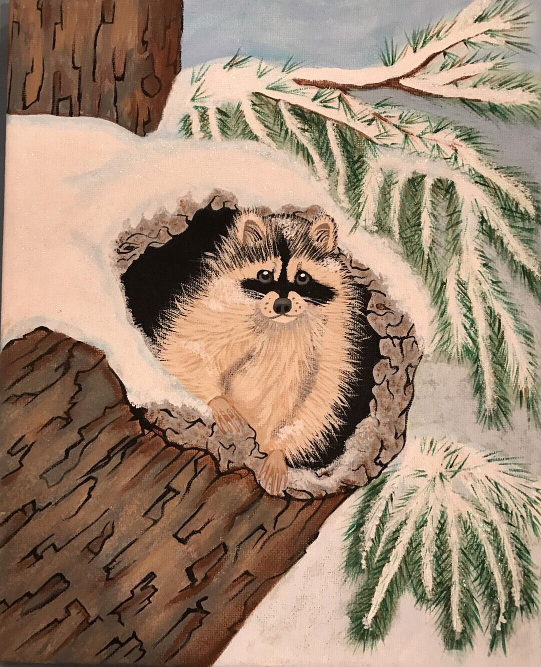 Hand Painted Cute Little Raccoon Inside a Log on a Snowy Day. - Etsy