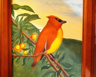 Cuadro de pájaro ala de cera enmarcado y pintado a mano