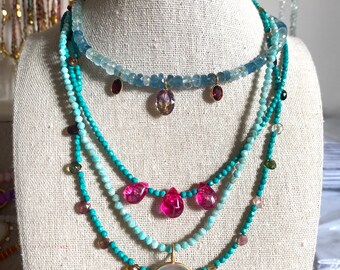 Les colliers en perles en pierre pour elle trempe, collier tourmaline, collier turquoise, bijoux turquoise, collier tourmaline