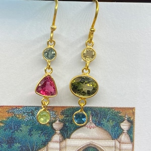 Pink, blue, and green tourmaline drop earrings in sterling silver 925 and gold plated, pretty candy handmade earrings, artisanal jewelry