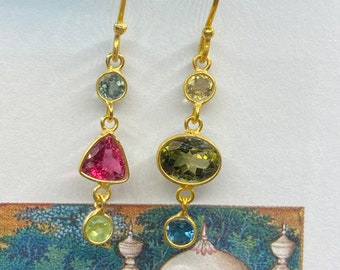 Pink, blue, and green tourmaline drop earrings in sterling silver 925 and gold plated, pretty candy handmade earrings, artisanal jewelry