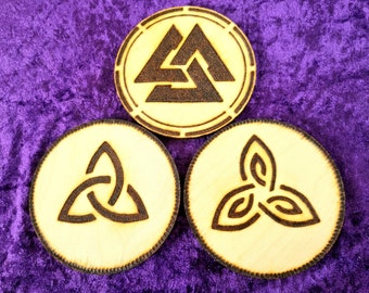 Triquetra and / or the Valknut symbol burned on birch wood plaque