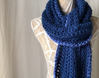 Unisex Royal Navy blue scarf, Indigo blue extra long crochet scarf, Silky soft cowl, Skinny knit neck scarf, Blue winter snood, Wool scarf