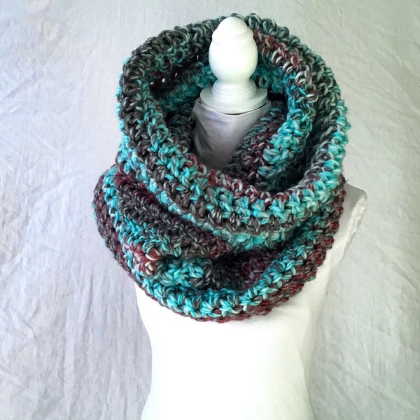 Large Thick Toasty Warm Aqua Grey Burnt Orange Crochet Infinity Cowl Scarf Wrap Snood,Soft Cosy Warm Circular Winter Festive Fashion Wear