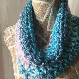 Handknit aqua blue pink white stripe spring pastels, Silky soft Autumn Winter Spring crochet scarf, Lightweight cowl, Versatile snood scarf