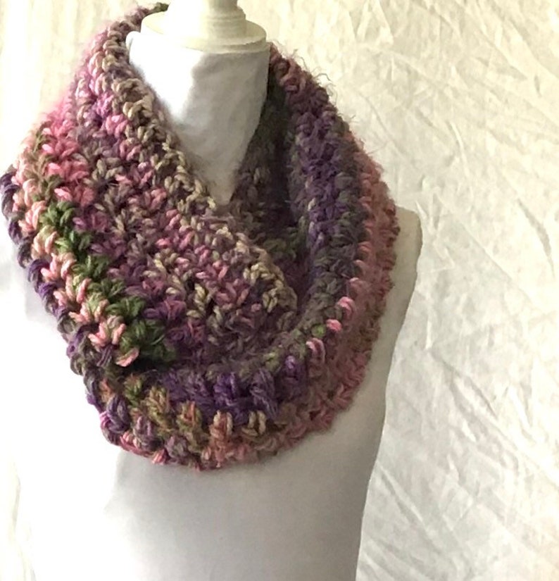Gorgeous Medley of Green Purple Pink Crochet Cowl Circular Infinity Scarf ChristmasGift Festive Fashion Versatile Woolly Autumn Winter Wear