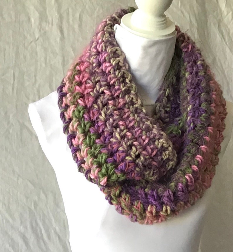Gorgeous Medley of Green Purple Pink Crochet Cowl Circular Infinity Scarf ChristmasGift Festive Fashion Versatile Woolly Autumn Winter Wear