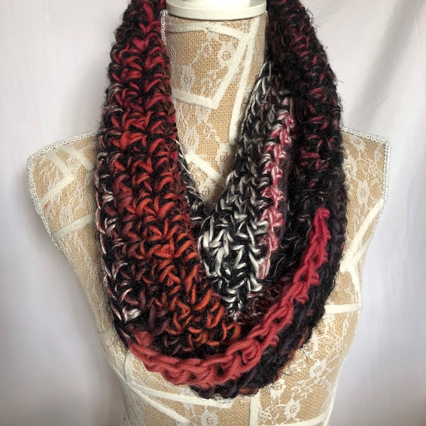 Crochet soft long infinity Möbius cowl scarf,Black silky white dark grape deep reds brown burgundy mosaic,Versatile day/evening wear