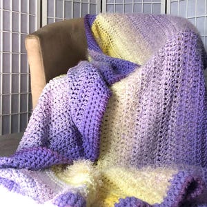 Large lavender yellow ombre stripe afghan/Purple thick winter crochet blanket/Luxury knit sofa blanket/Handmade unique gift/Textured blanket