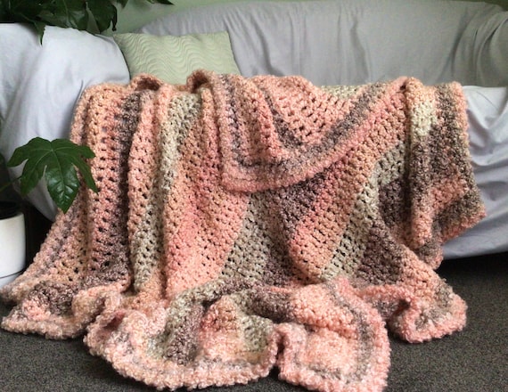 Plush Handmade Crochet Throw Blanket afghan for Sale Peach Pink Cream Beige Natural Woody Linen Brown Stripe Luxury Bedding Home Decor Etsy