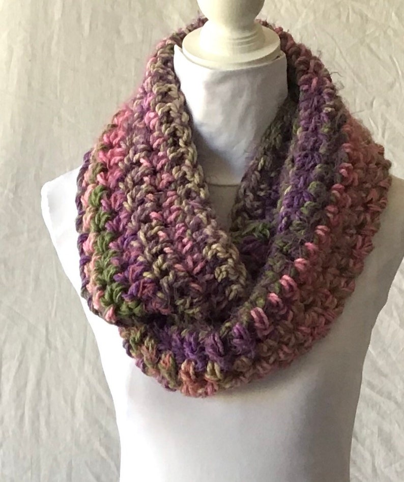 Gorgeous Medley of Green Purple Pink Crochet Cowl Circular Infinity Scarf ChristmasGift Festive Fashion Versatile Woolly Autumn Winter Wear