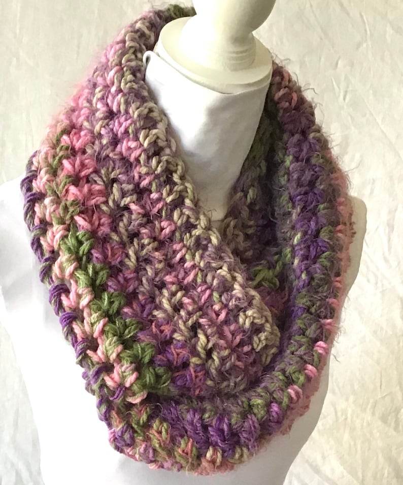 Gorgeous Medley of Green Purple Pink Crochet Cowl Circular Infinity Scarf ChristmasGift Festive Fashion Versatile Woolly Autumn Winter Wear