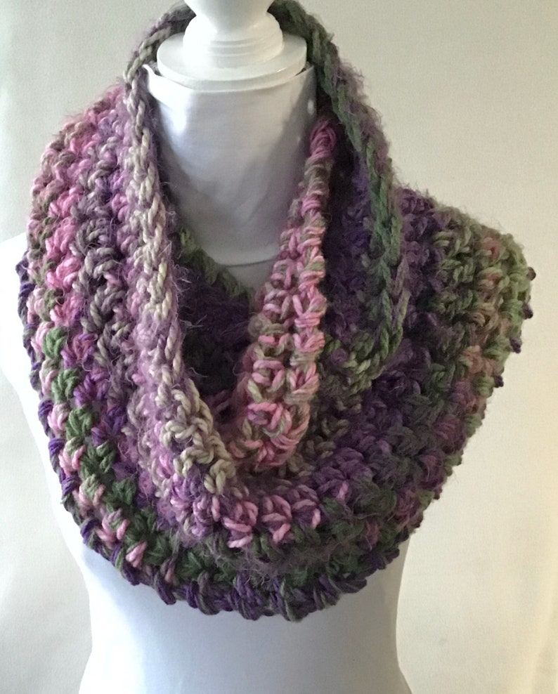 Gorgeous Medley of Green Purple Pink Crochet Cowl Circular Infinity Scarf ChristmasGift Festive Fashion Versatile Woolly Autumn Winter Wear