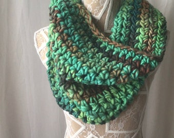 Large green snood scarf, Chunky thick cowl, Crochet scarf, Autumn winter knit, One of a kind gift, Burnt orange mosaic stripe infinity wrap