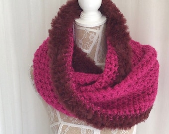 Hot pink burgundy extra large cowl infinity scarf /shoulder wrap,Luxuriously soft tufted scarf,Handmade luxury cowl infinity crochet scarf.