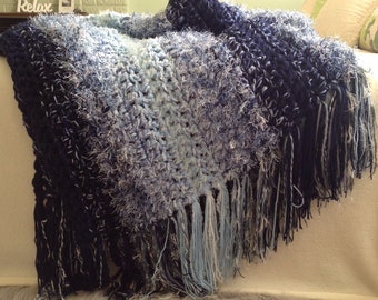 Blue Fringed Throw Blanket,Beachy,ReadingNook Throw Blanket,Crochet Blanket For Sale,Blue Crochet Afghan,Blue Afghan Tassels,Ombre Blue,Boho