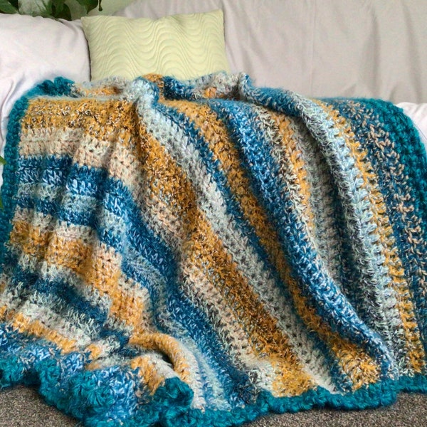 Casual comfort blue gold ochre mosaic stripe cosy crochet throw blanket-afghan for sale,Boho Hygge retro home decor,Unique gift,Dorm bedding