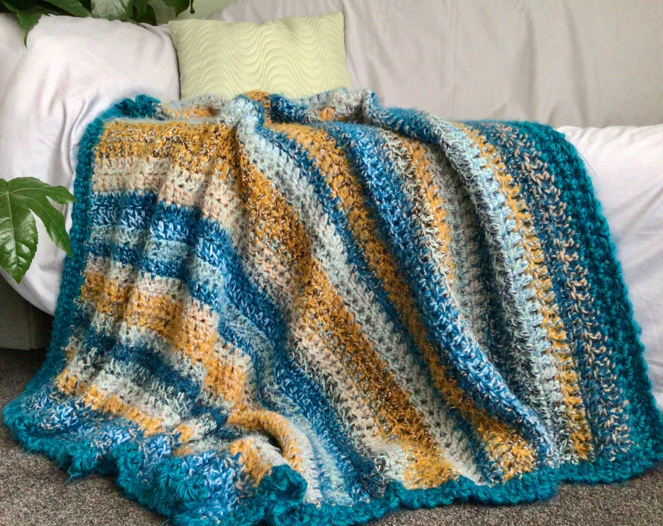 Casual Comfort Blue Gold Ochre Mosaic Stripe Cosy Crochet 