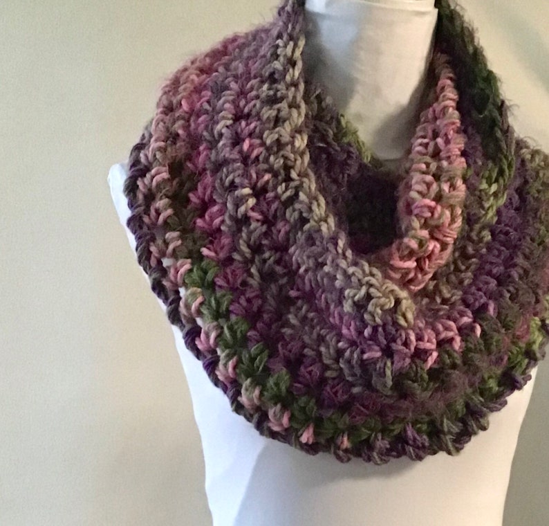 Gorgeous Medley of Green Purple Pink Crochet Cowl Circular Infinity Scarf ChristmasGift Festive Fashion Versatile Woolly Autumn Winter Wear