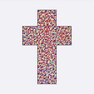 May include: A cross shape composed of a mosaic of small, colorful triangles. The triangles are in shades of red, yellow, blue, green, and purple, creating a vibrant and abstract design. The cross has a black outline and is set against a white background.