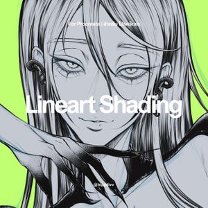 May include: A black and white digital illustration of a person with long hair and snake-shaped earrings against a bright lime green background. The text reads For Procreate, Lineart Shading, and @hipadivv. The style features detailed line work.