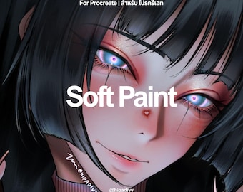 Puede incluir: Una ilustración digital de un personaje con cabello negro y ojos azules brillantes. El texto "For Procreate" y "Soft Paint" es visible. El personaje tiene una pequeña marca de corazón en la nariz y lleva un collar oscuro con un dije de corazón.