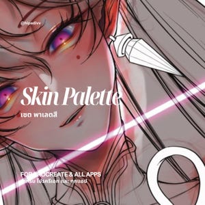 Pode incluir: Ilustração de arte digital de um rosto com olhos roxos e rosa vibrantes. As palavras "Skin Palette" e texto tailandês são exibidas. A imagem também inclui o texto "FOR PROCREATE & ALL APPS".