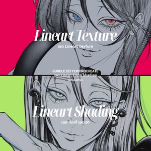 May include: Digital art bundle for Procreate featuring two stylized portraits. The top image has the text "Lineart Texture" and the bottom image has the text "Lineart Shading". The background colors are pink and green.