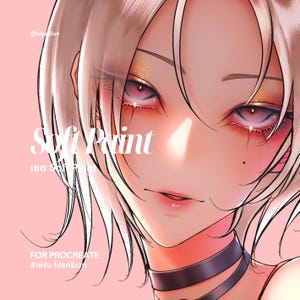 May include: Digital illustration of a person with light-colored hair and striking red eyes, wearing a black choker. The image features the text "Soft Paint" and "FOR PROCREATE" on a pink background.