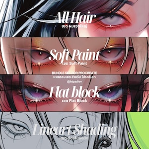 May include: A digital art bundle set for Procreate featuring stylized eye illustrations. The image includes the text "All Hair", "Soft Paint", "Flat block", and "Lineart Shading". Each section showcases a different eye style with varying color palettes.