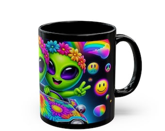 Neon Alien Convertible Mug: Rainbow Flower Car, Cosmic Coffee Cup