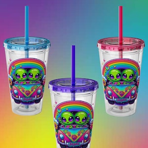 Lisa Frank Inspired Acrylic Colorful Sunsplash Tumbler with Straw, 16oz