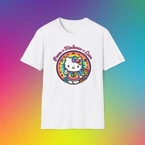 Peace Kindness and Love Hello Kitty Shirt, Unisex Softstyle T-Shirt image 5